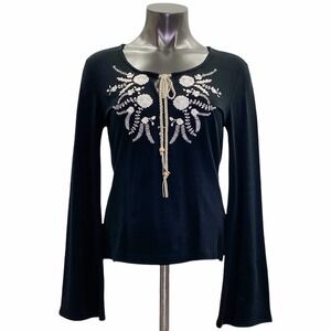 NEWPORT News Black Floral Embroidered Long Bell Sleeve Blouse
